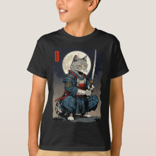 Samurai Cat Japanese Retro Fighter Cat Moon Ukiyo- T-Shirt