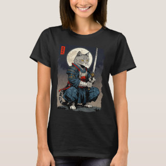 Samurai Cat Japanese Retro Fighter Cat Moon Ukiyo- T-Shirt
