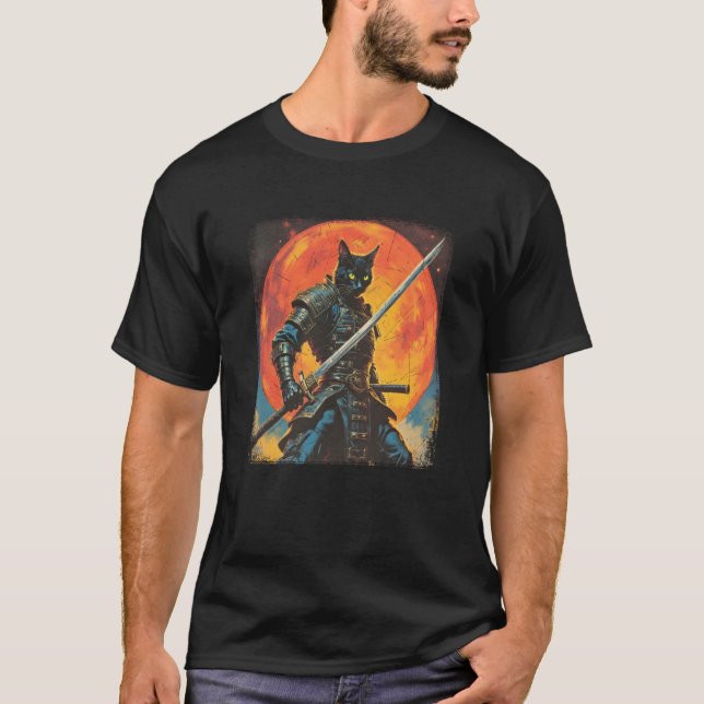 Samurai Cat Japanese Sumi e Art Kawaii Funny Novel T-Shirt (Front)