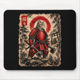 Samurai Cat Japanese Ukiyoe Art Anime Funny Cat Mouse Mat