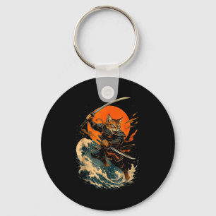 Samurai Cat Japanese Vintage Ukiyo-e Cat Anime Gif Key Ring