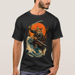 Samurai Cat Japanese Vintage Ukiyo-e Cat Anime Gif T-Shirt