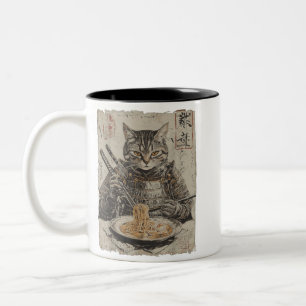 Samurai Cat Loves Ramen Funny Anime Japanese Artwo Two-Tone Coffee Mug