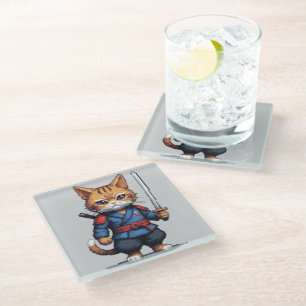Samurai Cat Pixel Art Glass Coaster