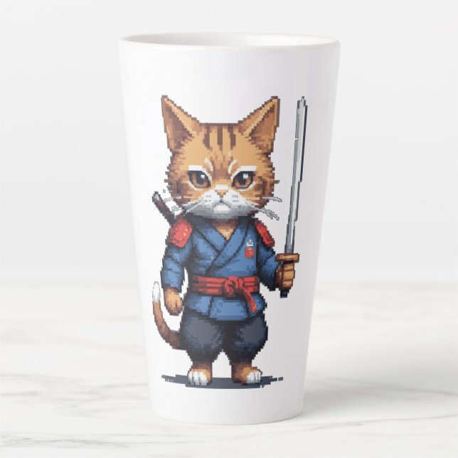 Samurai Cat Pixel Art Latte Mug (Front)