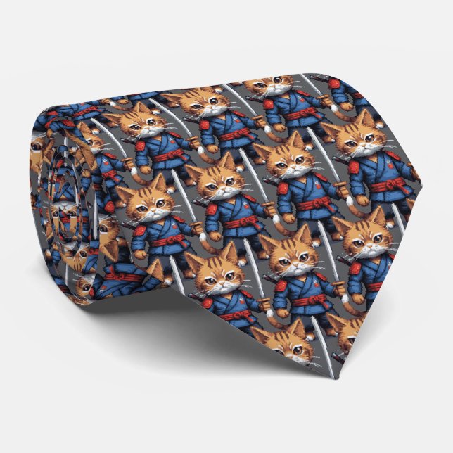 Samurai Cat Pixel Art Tie (Rolled)
