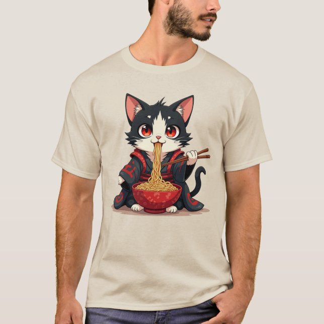 Samurai Cat Ramen Shirt - Cute Vintage Graphic Tee (Front)