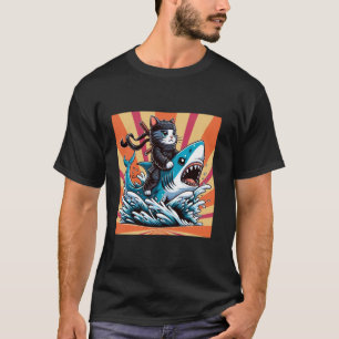 Samurai Cat Retro Ninja Japanese Cat Shark Kanagaw T-Shirt
