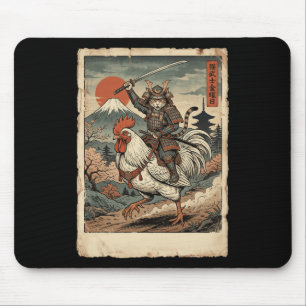 Samurai Cat Riding Chicken Japanese Art Katana Uki Mouse Mat
