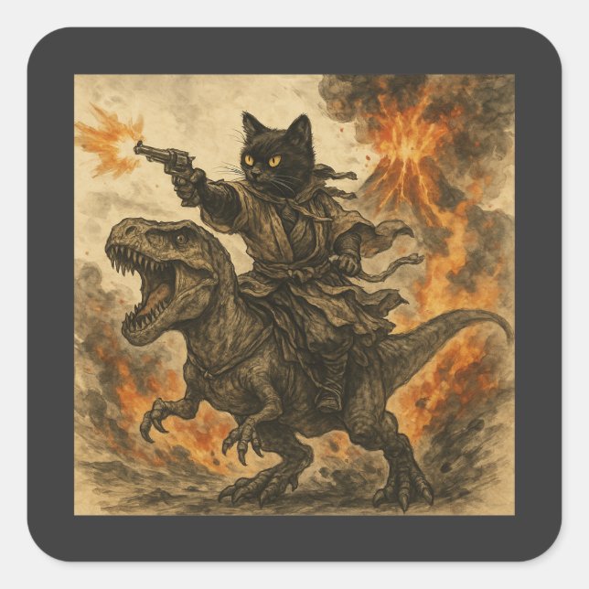 Samurai Cat Riding Dinosaur in Volcanic Eruption Square Sticker (Front)