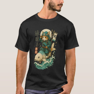 Samurai Cat Riding Koi Fish Fantasy Art T-Shirt