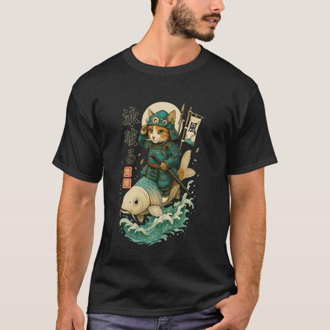 Samurai Cat Riding Koi Fish Fantasy Art T-Shirt (Front)