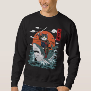 Samurai Cat Riding Shark Japanese Art Retro Funny  Sweatshirt