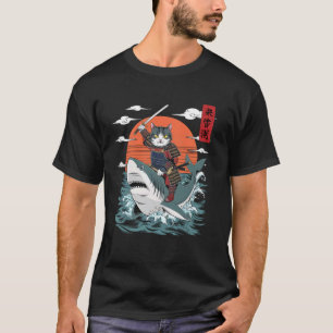 Samurai Cat Riding Shark Japanese Art Retro Funny T-Shirt