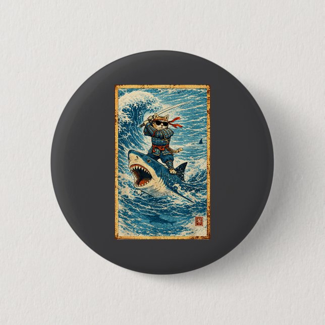 Samurai Cat Riding Shark Retro Wave Warrior Funny  6 Cm Round Badge (Front)