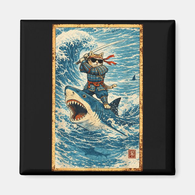 Samurai Cat Riding Shark Retro Wave Warrior Funny  Magnet (Front)