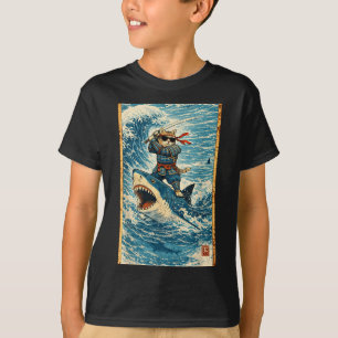 Samurai Cat Riding Shark Retro Wave Warrior Funny  T-Shirt