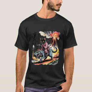 Samurai Cat Riding T-Rex Volcano Japan Vintage Art T-Shirt