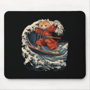 Samurai Cat Surfing Great Wave Ronin Katana Mouse Mat