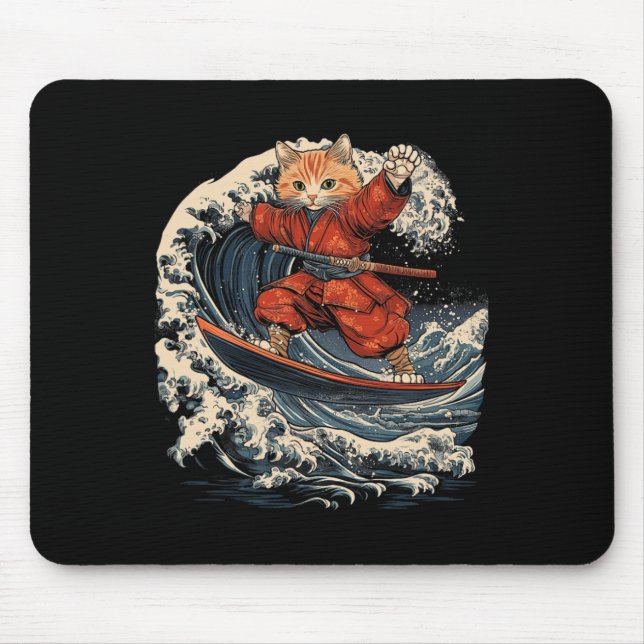 Samurai Cat Surfing Great Wave Ronin Katana  Mouse Mat (Front)