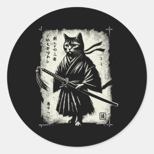 Samurai Cat Ukiyo-e Warrior Art Graphic Sumi-e Cat Classic Round Sticker