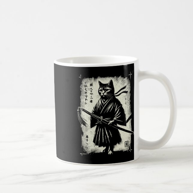 Samurai Cat Ukiyo-e Warrior Art Graphic Sumi-e Cat Coffee Mug (Right)