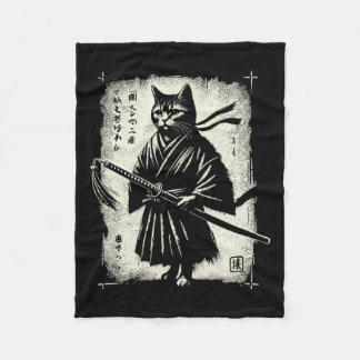 Samurai Cat Ukiyo-e Warrior Art Graphic Sumi-e Cat Fleece Blanket