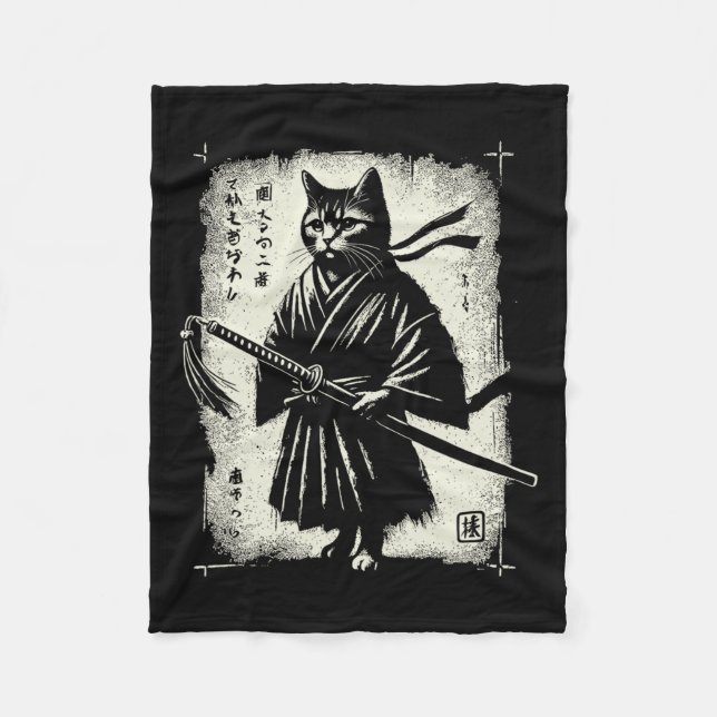 Samurai Cat Ukiyo-e Warrior Art Graphic Sumi-e Cat Fleece Blanket (Front)