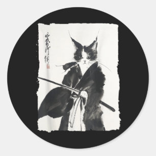 Samurai Cat Warrior Ink - Japanese Art Feline Classic Round Sticker