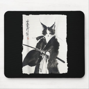 Samurai Cat Warrior Ink - Japanese Art Feline Mouse Mat