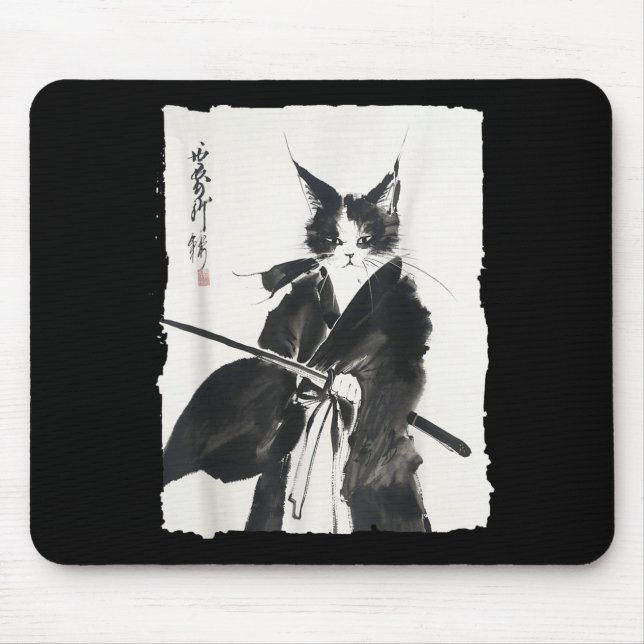 Samurai Cat Warrior Ink - Japanese Art Feline Mouse Mat (Front)