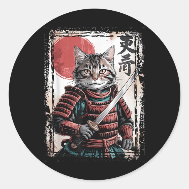 Samurai Cat Warrior Ukiyo Ink Artwork Cat Samurai  Classic Round Sticker (Front)