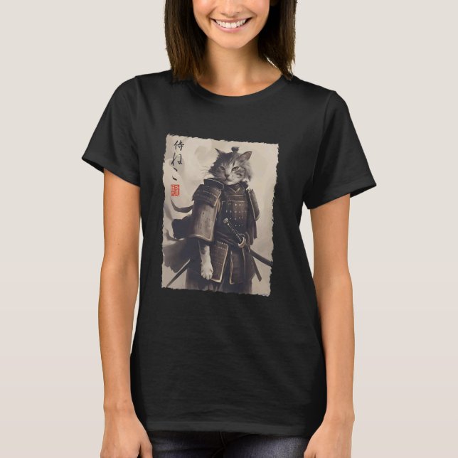 Samurai Cat Warrior Ukiyo Ink Artwork Cat Samurai  T-Shirt (Front)