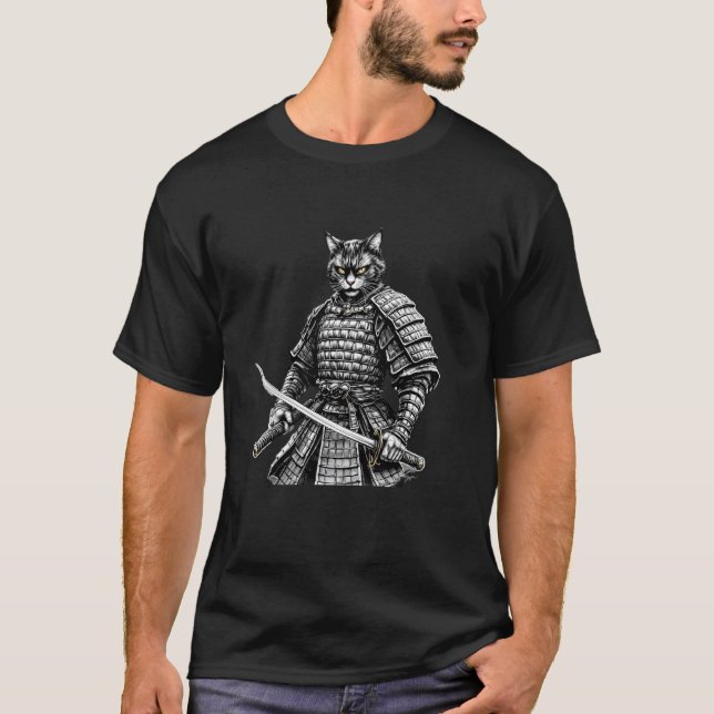 Samurai Cat Warrior Ukiyo Ink Artwork Cool Cat Sam T-Shirt (Front)