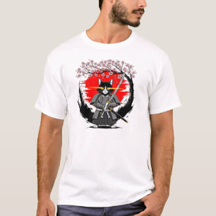 Samurai Cat Warrior Under Cherry Blossom Tree T-Shirt