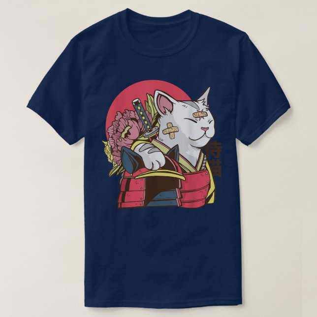 Samurai Cat with Armor Plaster  Asian Martial Arts T-Shirt (Design Front)
