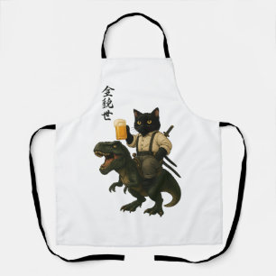 Samurai Cat with Beer & T-Rex   Retro Japanese Art Apron