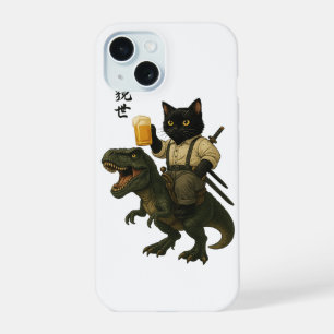 Samurai Cat with Beer & T-Rex Retro Japanese Art iPhone 15 Case