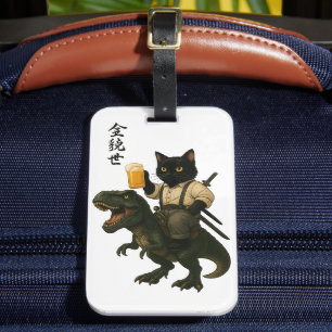 Samurai Cat with Beer & T-Rex   Retro Japanese Art Luggage Tag