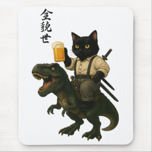 Samurai Cat with Beer & T-Rex   Retro Japanese Art Mouse Mat