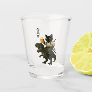Samurai Cat with Beer & T-Rex Retro Japanese Art Shot Glass