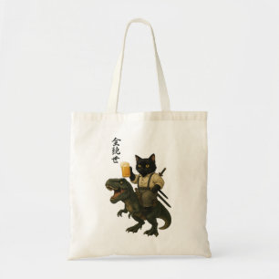 Samurai Cat with Beer & T-Rex   Retro Japanese Art Tote Bag