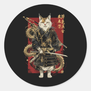 Samurai Cat With Dragon Japanese Kanji Classic Round Sticker