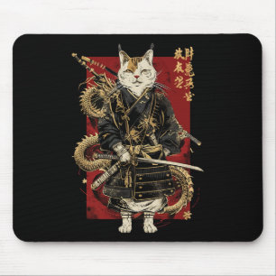 Samurai Cat With Dragon Japanese Kanji  Mouse Mat