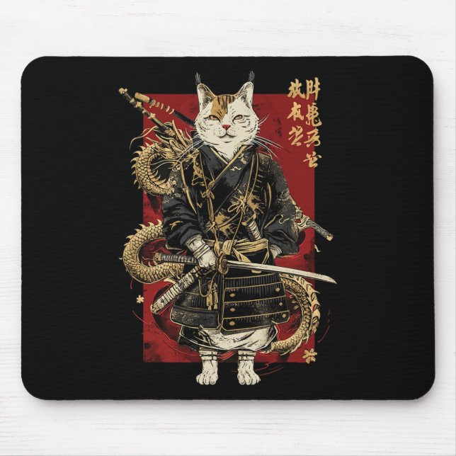 Samurai Cat With Dragon Japanese Kanji  Mouse Mat (Front)