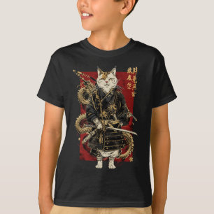 Samurai Cat With Dragon Japanese Kanji  T-Shirt
