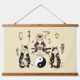 SAMURAI CATS IN SKULL,SKELETON,BUTTERFLY TATTOOS  HANGING TAPESTRY