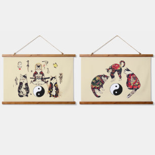 SAMURAI CATS IN SKULL,SKELETON,BUTTERFLY TATTOOS  HANGING TAPESTRY
