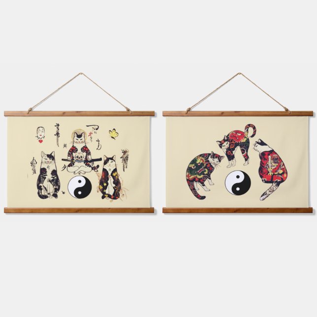 SAMURAI CATS IN SKULL,SKELETON,BUTTERFLY TATTOOS  HANGING TAPESTRY (Double)