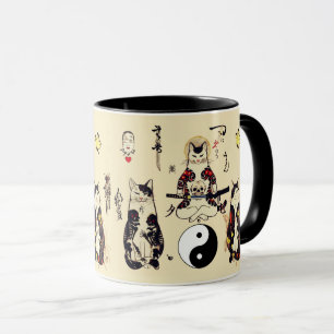 SAMURAI CATS IN SKULL,SKELETON,BUTTERFLY TATTOOS  MUG